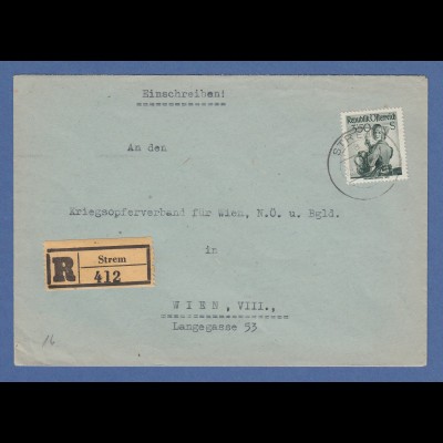 Österreich 1948 Trachten 3,50 S Mi.-Nr. 923 als EF auf R-Brief aus Strem n. Wien