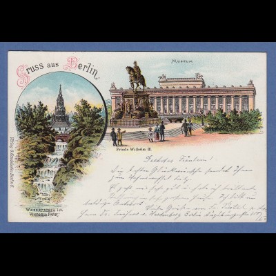 AK Gruß aus Berlin Wassersturz Viktoriapark, Museum gelaufen 1901 nach München