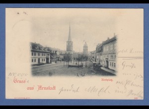 AK Gruß aus Arnstadt Riedplatz gelaufen 1898 nach Bamberg