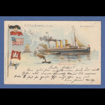 AK Hamburg Hafen S.D. Fürst Bismarck auf der Elbe gelaufen 1901 nach München