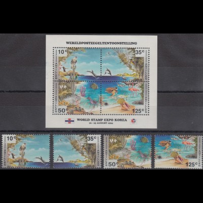 Niederländische Antillen 1994 Tiere am Meer Satz Mi.-Nr. 812-15 und Block 41 ** 