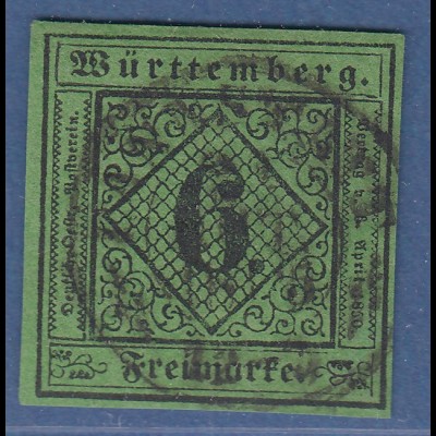 Württemberg 6 Kreuzer blaugrün Mi.-Nr. 3 b (TypeIII) gestempelt