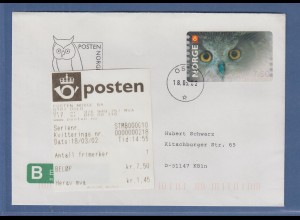 Norwegen 2002 ATM-Ausgabe Eule. Wert 7.50 mit AQ auf FDC 18.3.02 