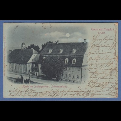 AK Gruss aus Neusalz a. O. Kirche der Brüdergemeine Schwesternhaus gelaufen 1898