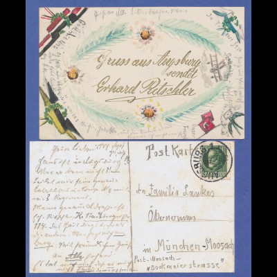 Gruss aus Augsburg 1915, HANDGEMALTE patriotische Postkarte, echt gelaufen