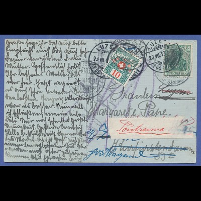 Postkarte Dt. Reich 1913 gel. in die Schweiz, dort nachtaxiert und umadressiert