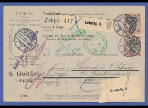 Dt Reich Germania 50 Pfg mit Lochung SG spiegelverkehrt auf Paketkarte n.CH 1906