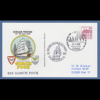 KIELER WOCHE 1985, 60Pfg-Privatganzsache Segelschiff Gorch Fock mit So.-Stempel