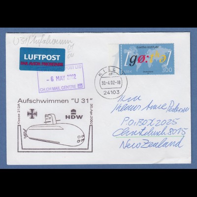 Bund 30.4.2002 Lp-Brief nach NZL mit Cachet-O Aufschwimmen U-Boot U31 Mi-Nr 2281