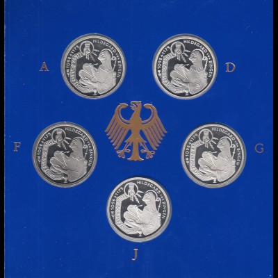 Bundesrepublik 10DM Münze 1998: Hildegard von Bingen Satz ADFGJ PP im Folder