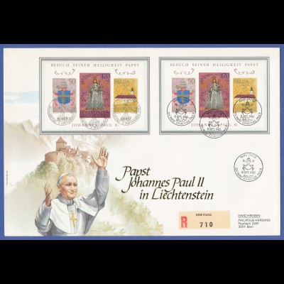 Liechtenstein, 1985 Papst-Besuch Johannes Paul II. R-FDC-Brief mit 2x Block 12