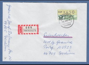 Deutschland ATM Typ NAGLER Mi.-Nr. 1.2 Wert 450 auf R-Brief, O BOCHUM
