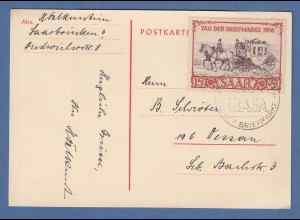 Saarland Postkutsche IBASA 1950 als Einzelfrankatur auf Postkarte
