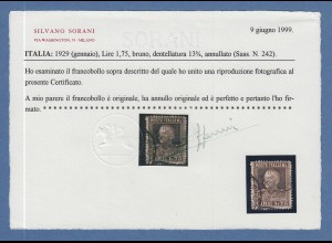 Italien 1929 V. Emanuel 1,75 Lire seltene ZÄHNUNG 13 1/2 Mi.-Nr. 264 B O ATTEST