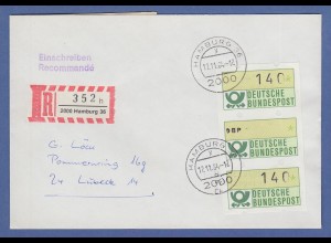 ATM Mi.-Nr. 1 Dreierstreifen 140 - DBP - 140 auf R-Brief, O HAMBURG 36 1984