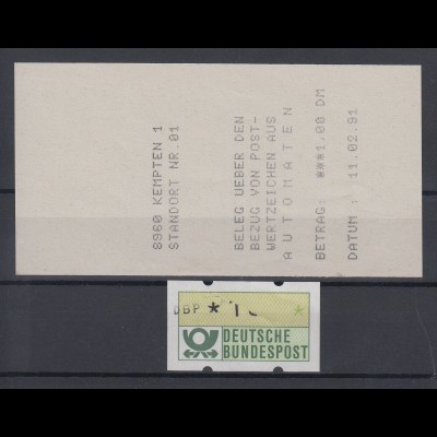 ATM Mi.-Nr. 1.1 Teildruck, verschoben Wert DBP * 100 mit AQ KEMPTEN, 1991 