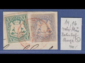 Bayern Wappen Briefstück mit Mi.-Nr. 14 und 16 mit rotem O BAHNHOF MÜNCHEN 