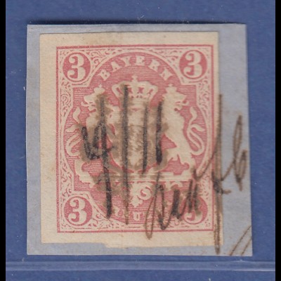 Bayern Wappen 3 Kreuzer rosa Mi.-Nr. 15 handschriftlich entwertet Briefstück gpr