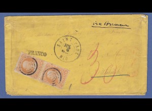 USA 1863 Brief von Saint Paul nach Hamburg mit senkr. Paar 30 Cent Franklin # 24