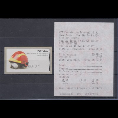 Portugal 2008 ATM Feuerwehr-Helm SMD Mi.-Nr. 62.1e Wert 31 ** mit AQ