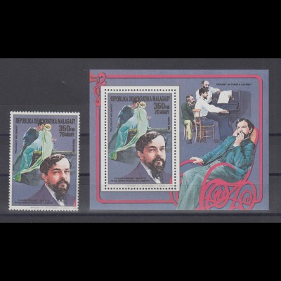 Madagascar 1988 Komponist Claude Debussy Einzelmarke und Blockausgabe **