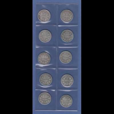 Deutsches Kaiserreich Lot 10 Silber-Kursmünzen 1 Mark alle Jahrgang 1875