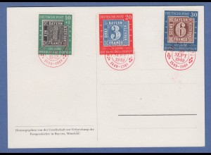 Bund 1949 100 Jahre Briefmarken Mi.-Nr. 113-115 auf Karte, rote Ersttags-Stempel