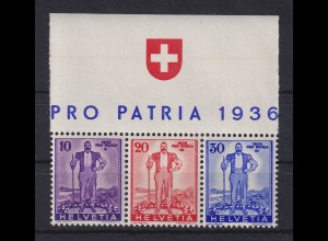 Schweiz 1936 Zusammendruck 10-20-30 aus Block 2 postfrisch ** mit Oberrand