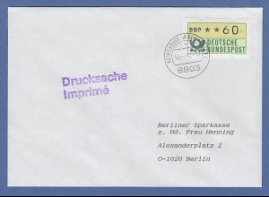 Deutschland ATM Typ NAGLER Mi-Nr. 1.2 Wert 60 auf Drucksache, FDC 14.4.92