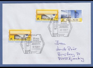 Deutschland 2011 ATM-Brief mit So.-O 30 Jahre ATM frankiert mit 3 Fehldrucken 