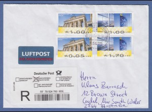ATM Mi.-Nr. 6 und 7 je 2x auf Luftpost-R-Brief nach Australien, 2009