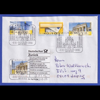 Deutschland ATM 3 Fehdrucke auf unzustelbarem Brief, Sonder-O München 2010