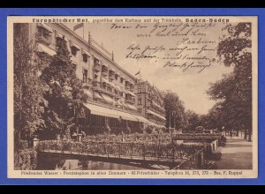 AK Baden-Baden Europäischer Hof gegenüber Kurhaus und Trinkhalle, gelaufen 1926