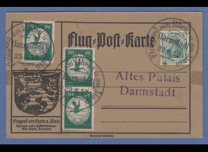 Flugpost am Rhein und Main, grüne 30Pfg 3x auf Postkarte, O Darmstadt 22.6.12