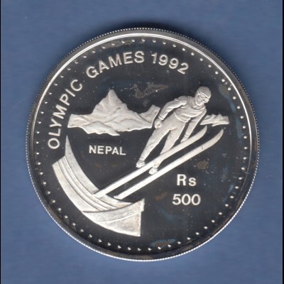Nepal Silbermünze Olympische Spiele 1992 Albertville 500 Rs Skispringen