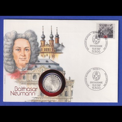 Numisbrief 1987 Balthasar Neumann mit Bund-Briefmarke und 5DM-Gedenkmünze