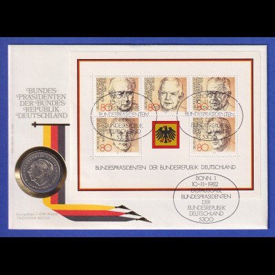 Numisbrief 1982 Bundespräsidenten mit Blockausgabe und 2DM-Kursmünze Th. Heuss