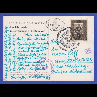 Österreich 100 Jahre Briefmarken Mi.-Nr. 950 auf Karte, Ersttag 20.5.1950 ! FDC