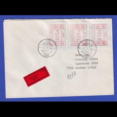 Portugal Frama-ATM 1981 Aut.-Nr.003 Eil-Brief mit 3 ATM vom OA und Orts-O 3.2.83