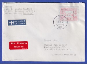 Portugal Frama-ATM 1981 Aut.-Nr. 003 Eil-Brief mit ATM vom OA, aber VS-Stempel