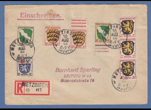Franz. Zone Allg. Ausgabe 10Pfg Mi.-Nr. 5 in MIF auf R-Brief aus Metzingen
