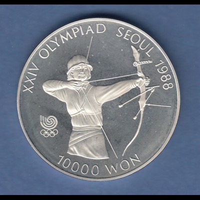 Silbermünze Olympiade 1988 Korea Bogenschiessen 10000 Won in PP 33,62g Ag925