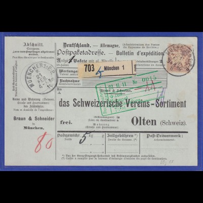 Bayern 80Pfg Wappen Mi.-Nr. 68y auf Paketkarte von München in die Schweiz