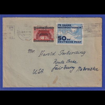 DDR 1949 UPU 50-Pfg-Wert und Vignette auf Brief nach Fairbury Nebraska / USA 
