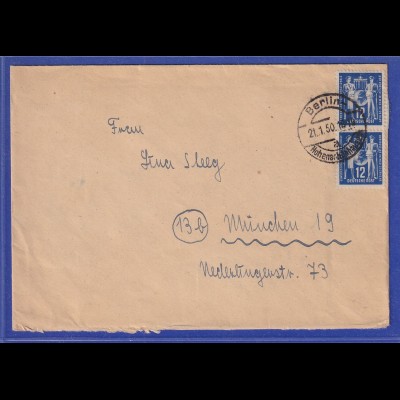DDR 1950 Postgewerkschaft 12 Pfg Mi.-Nr. 243 senkr. Paar auf Brief aus Berlin