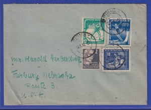 DDR 1952 Wintersport und andere Werte auf Brief von PIRNA nach Fairbury / USA