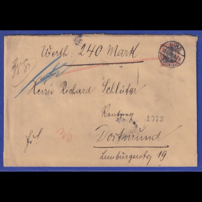 Dt. Reich Germania 30 Pfg. Mi.-Nr. 74 auf Wertbrief von CÖLN nach Dortmund, 1904
