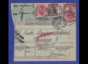Dt. Reich Mi-Nr. 94 AI in MIF auf Paketkarte aus Ravensburg nach Kopenhagen 1909