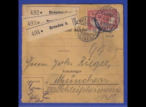 Dt. Reich 1 Mark Mi-Nr. 94IIB und Mi.-Nr. 91II auf Paketkarte aus Dresden, 1915