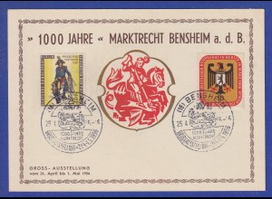 Berlin Mi-Nr 131 und 136 mit So.-O auf Karte 1000 Jahre Marktrecht BENSHEIM 1956